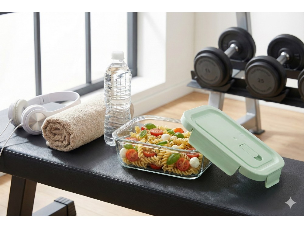 AJ Glass Food Container with Green Lid & Airtight Closure 20x15.5x6.5cm, 1040ml