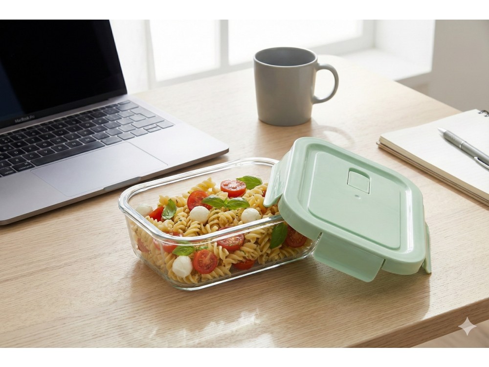 AJ Glass Food Container with Green Lid & Airtight Closure 20x15.5x6.5cm, 1040ml