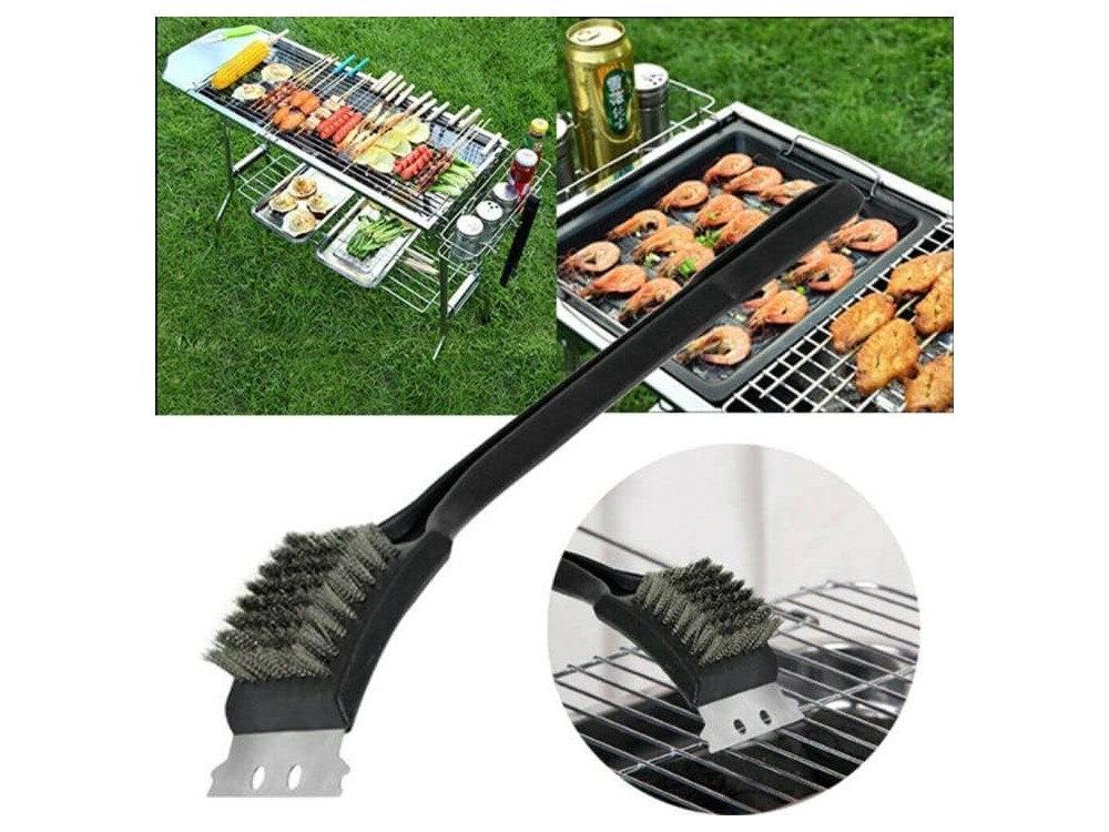 AJ BBQ Wire Cleaning Brush with Scraper, 30cm, Black