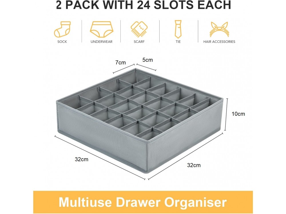 AJ 2-Pack Υφασμάτινη Θήκη-Foldable Οrganizer Συρταριού για Κάλτσες & Εσώρουχα των 24 Θέσεων, 32x32x10cm, Grey