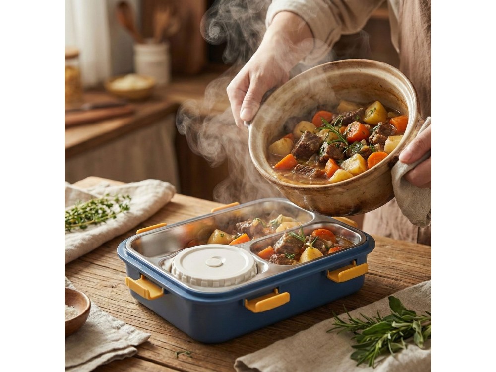 AJ Bento Japanese Style Lunch Box, Stainless Steel Lunch Box with Soup Bowl, Ανοξείδωτο Δοχείο Φαγητού, 22x16x6, 750ml, Blue