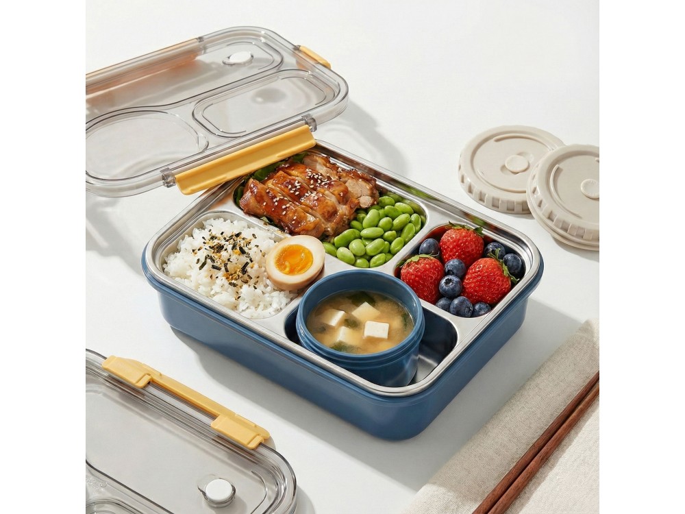 AJ Bento Japanese Style Lunch Box, Stainless Steel Lunch Box with Soup Bowl, Ανοξείδωτο Δοχείο Φαγητού, 22x16x6, 750ml, Blue
