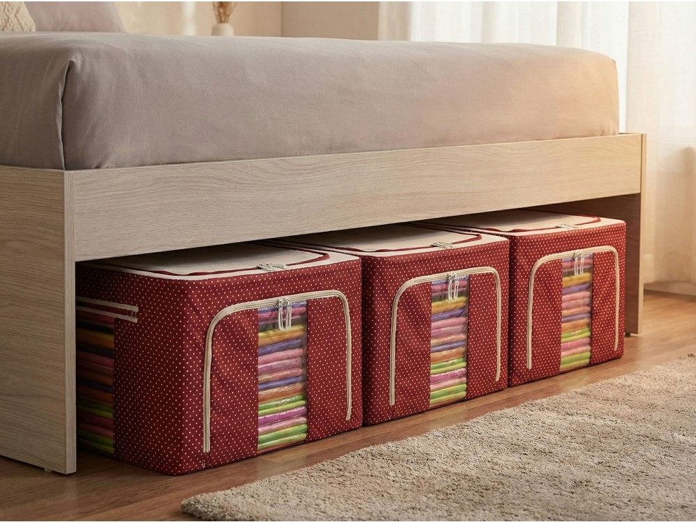 AJ Clothes Storage Organizer Bags 18L, Κουτιά Αποθήκευσης Ρούχων με 2 Ανοίγματα & Παράθυρο, Σετ των 3τμχ, 40x30x15, Κόκκινο/Πουά