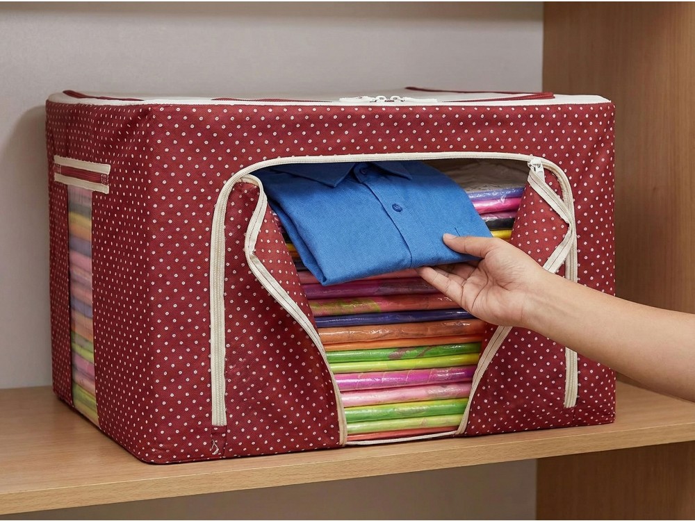 AJ Clothes Storage Organizer Bags 18L, Κουτιά Αποθήκευσης Ρούχων με 2 Ανοίγματα & Παράθυρο, Σετ των 3τμχ, 40x30x15, Κόκκινο/Πουά