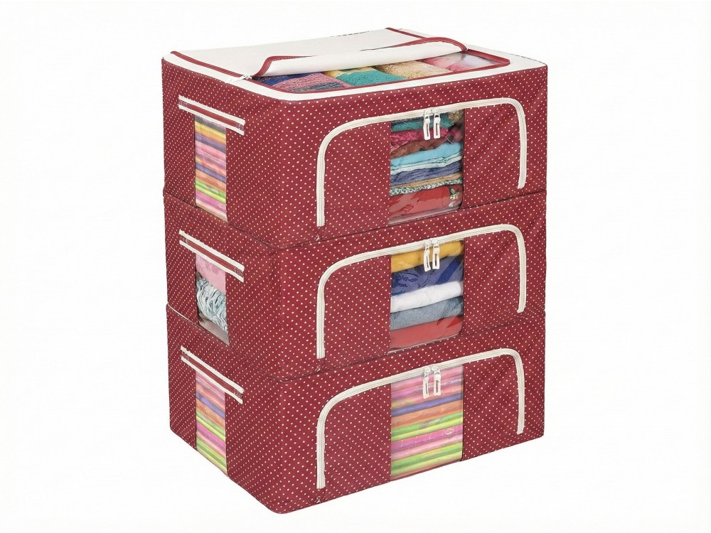 AJ Clothes Storage Organizer Bags 18L, Κουτιά Αποθήκευσης Ρούχων με 2 Ανοίγματα & Παράθυρο, Σετ των 3τμχ, 40x30x15, Κόκκινο/Πουά