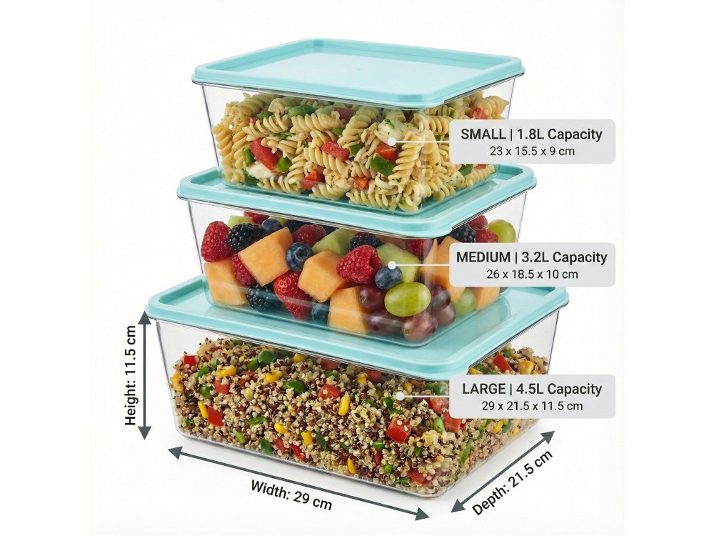 AJ Food Storage Container Set 3pcs, Δοχεία Αποθήκευσης Φαγητού Σετ των 3, 1.8L/3.2L/4.5L, Γαλάζιο/Διάφανο
