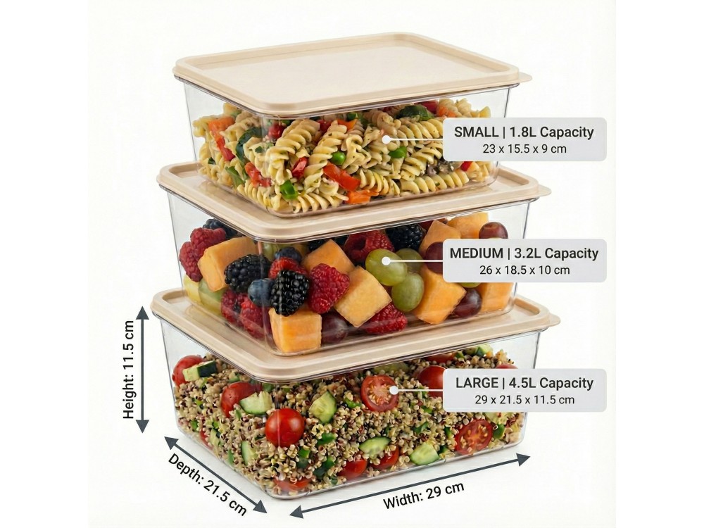 AJ Food Storage Container Set 3pcs, Δοχεία Αποθήκευσης Φαγητού Σετ των 3, 1.8L/3.2L/4.5L, Διάφανο/Μπέζ