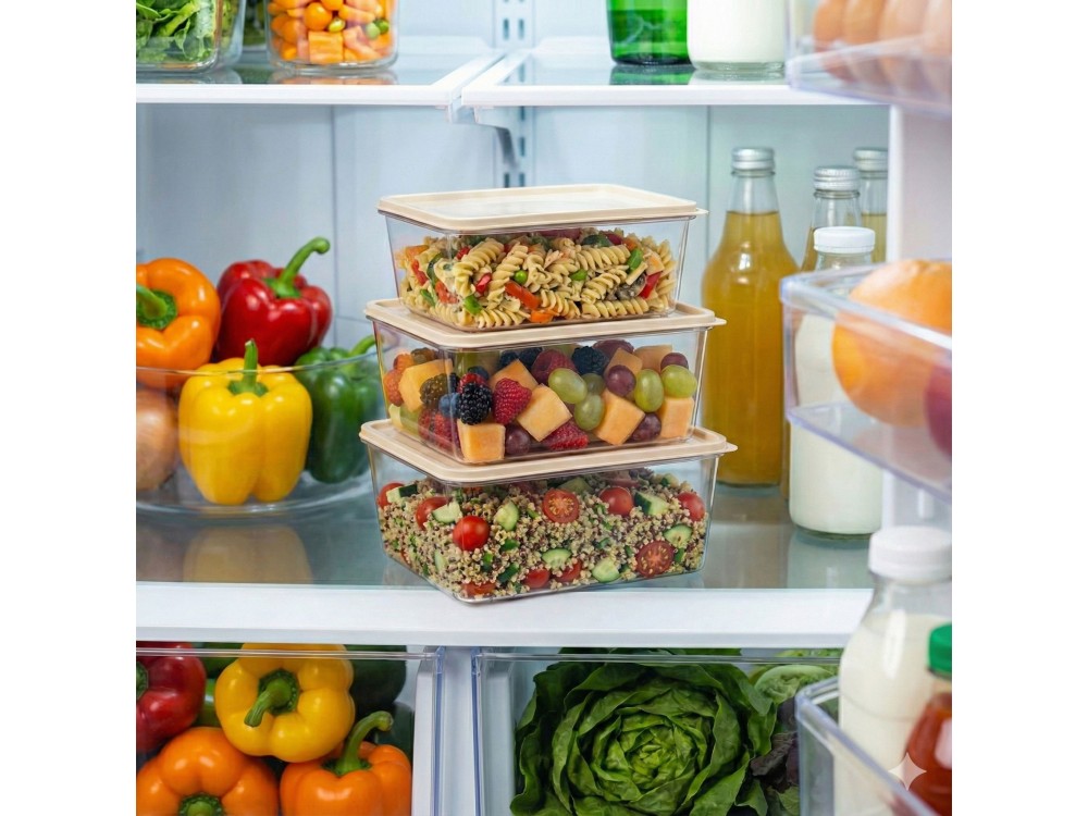 AJ Food Storage Container Set 3pcs, Δοχεία Αποθήκευσης Φαγητού Σετ των 3, 1.8L/3.2L/4.5L, Διάφανο/Μπέζ