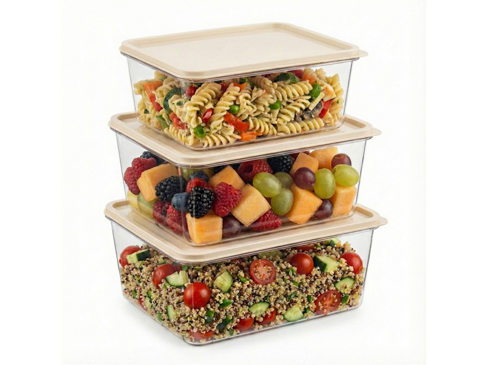 AJ Food Storage Container Set 3pcs, Δοχεία Αποθήκευσης Φαγητού Σετ των 3, 1.8L/3.2L/4.5L, Διάφανο/Μπέζ