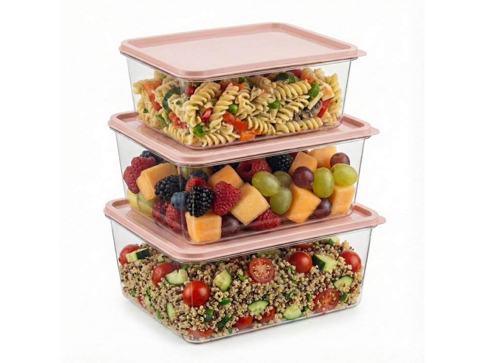 AJ Food Storage Container Set 3pcs, Δοχεία Αποθήκευσης Φαγητού Σετ των 3, 1.8L/3.2L/4.5L, Ροζ/Διάφανο