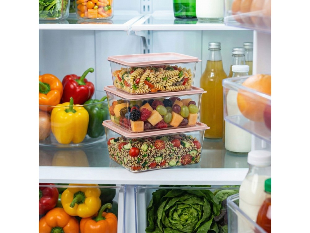 AJ Food Storage Container Set 3pcs, Δοχεία Αποθήκευσης Φαγητού Σετ των 3, 1.8L/3.2L/4.5L, Ροζ/Διάφανο