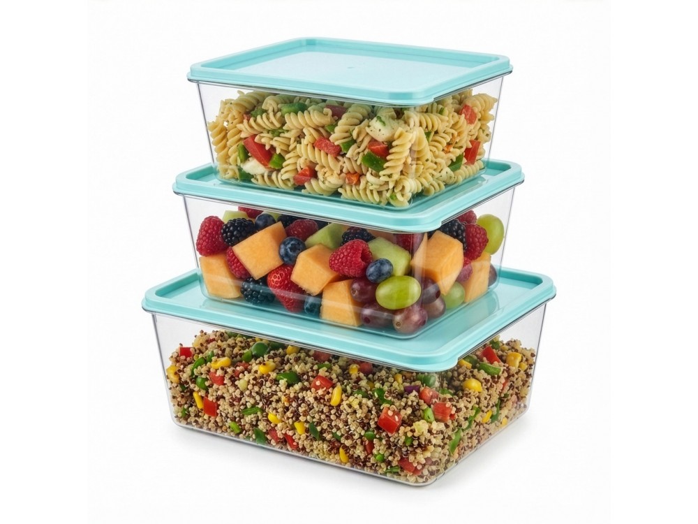 AJ Food Storage Container Set 3pcs, Δοχεία Αποθήκευσης Φαγητού Σετ των 3, 1.8L/3.2L/4.5L, Γαλάζιο/Διάφανο