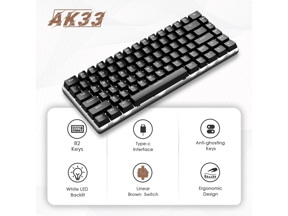 Ajazz AK33 Wired Mechanical Keyboard with LED Backlit, Aluminum Frame Gaming Keyboard, 82 keys, Brown Switches, Black