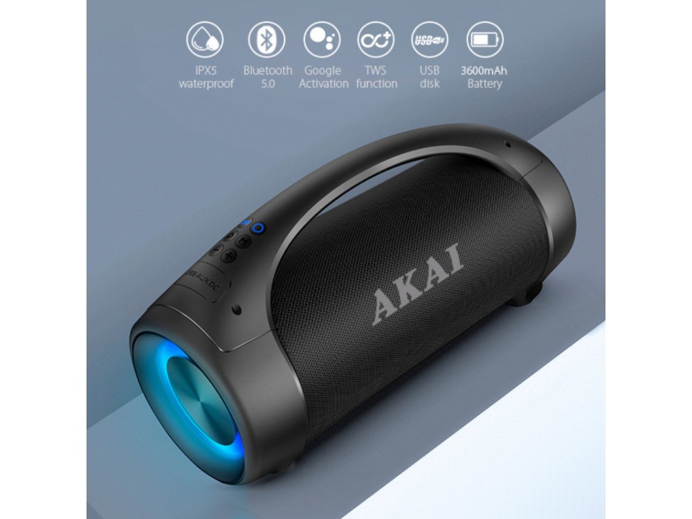 Akai ABTS-55 Portable Bluetooth Speaker 50W with RGB LED, FM Radio, USB port, Micro SD & Input Aux, Function TWS & Handsfree, Black