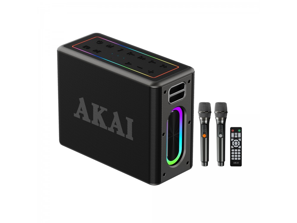 AKAI ABTSW-120 Waterproof Portable Bluetooth Speaker with 2 Wireless Microphones, TWS, 80W