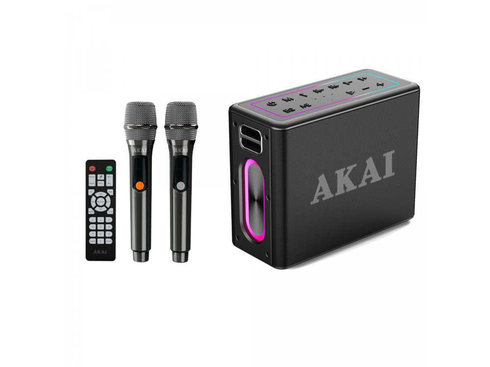 AKAI ABTSW-120 Waterproof Portable Bluetooth Speaker with 2 Wireless Microphones, TWS, 80W