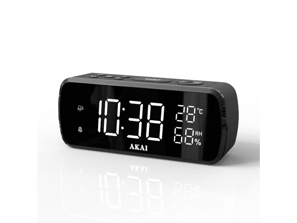 Akai ACR-1080 Digital alarm clock with FM radio, USB for charging, temperature-humidity display and dual alarm