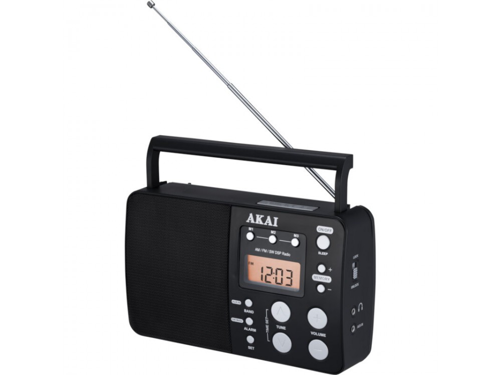 Akai APR-200 Portable Global Receiving Radio, Digital with Aux-In & Headphone Output, Power/Battery, Black