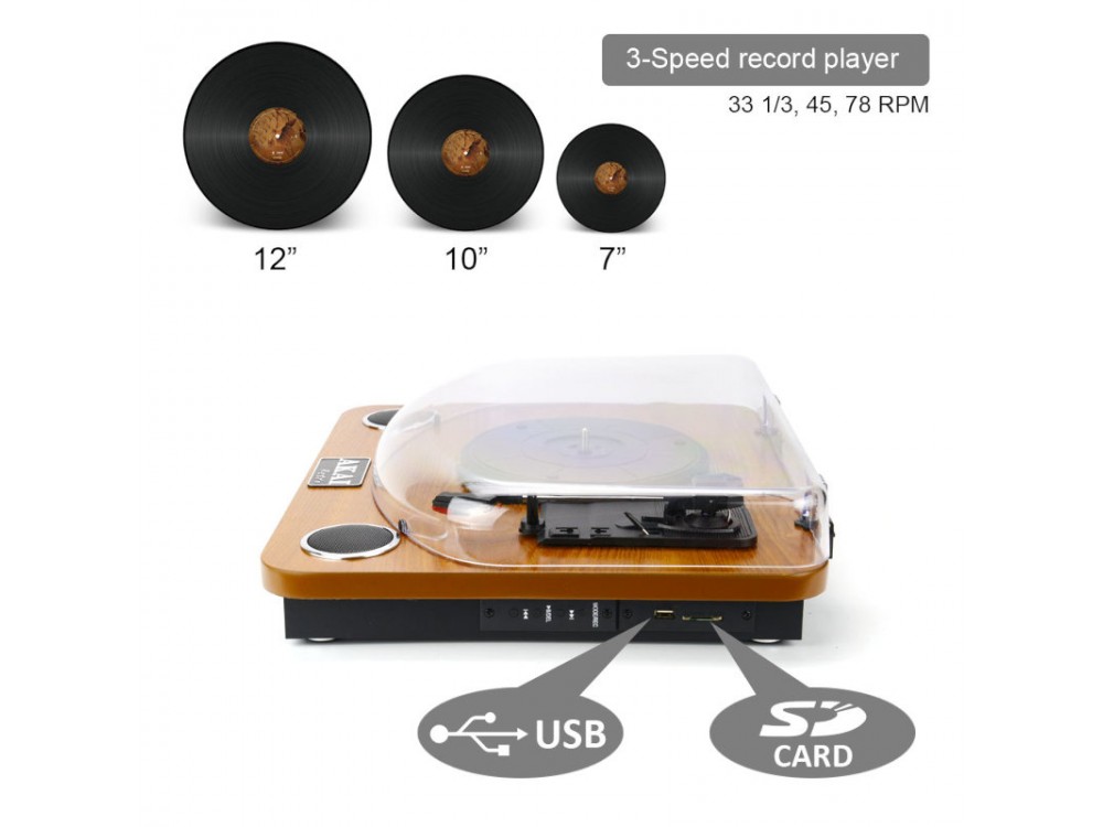 Akai ATT-11BTN Pick-up, Ξύλινο Πικάπ για Δίσκους Βινυλίου, με Ενσωματωμένα Ηχεία, Bluetooth 5.0 & RCA Out - ΧΩΡΙΣ ΣΥΣΚΕΥΑΣΙΑ
