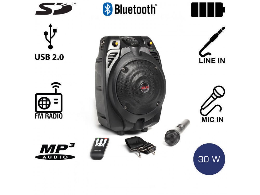 Akai Portable Bluetooth Speaker 30W with Amplifier & Karaoke with Wireless MIC, FM Radio, USB Port & SD