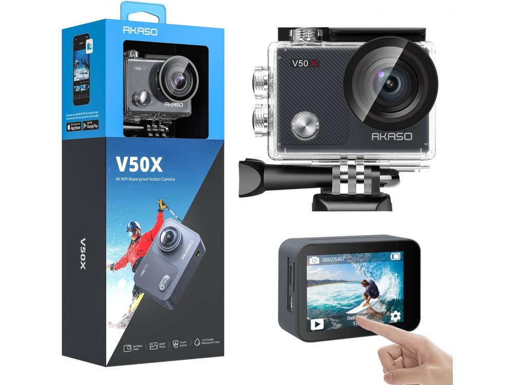Akaso V50 X Native 4K Action Camera with Touch Screen, 20MP, WiFi, Waterproof 40M & Image Stabilization (New Versio