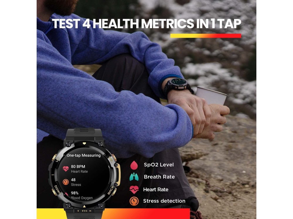 Amazfit T-Rex 2 Smartwatch με Οθόνη AMOLED 1.39", με Παλμογράφο, Built-In GPS & MIL-STD-810G, Αδιάβροχο 10 ATM, Ember Black