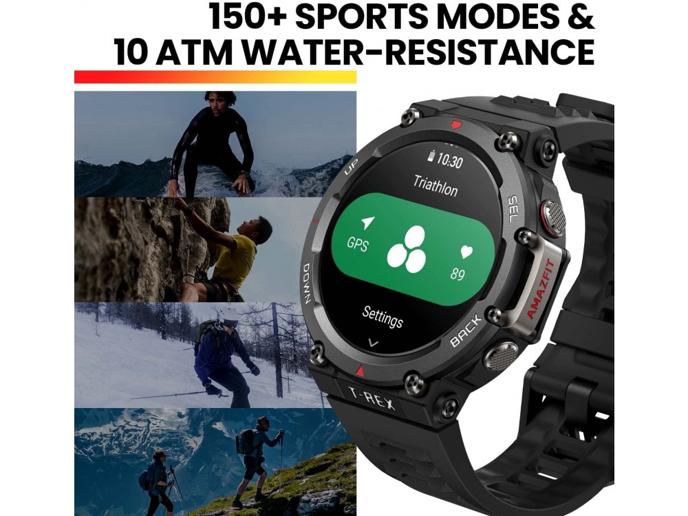 Amazfit T-Rex 2 Smartwatch με Οθόνη AMOLED 1.39", με Παλμογράφο, Built-In GPS & MIL-STD-810G, Αδιάβροχο 10 ATM, Ember Black
