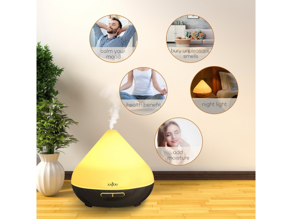 Anjou AJ-AD001 300ml, Oil Diffuser Aromatherapy Device, Adjustable 7 Color, Timer & Auto Shut-Off, Dark Grain