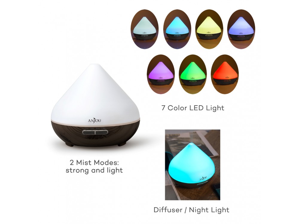 Anjou AJ-AD001 300ml, Oil Diffuser Aromatherapy Device, Adjustable 7 Color, Timer & Auto Shut-Off, Dark Grain