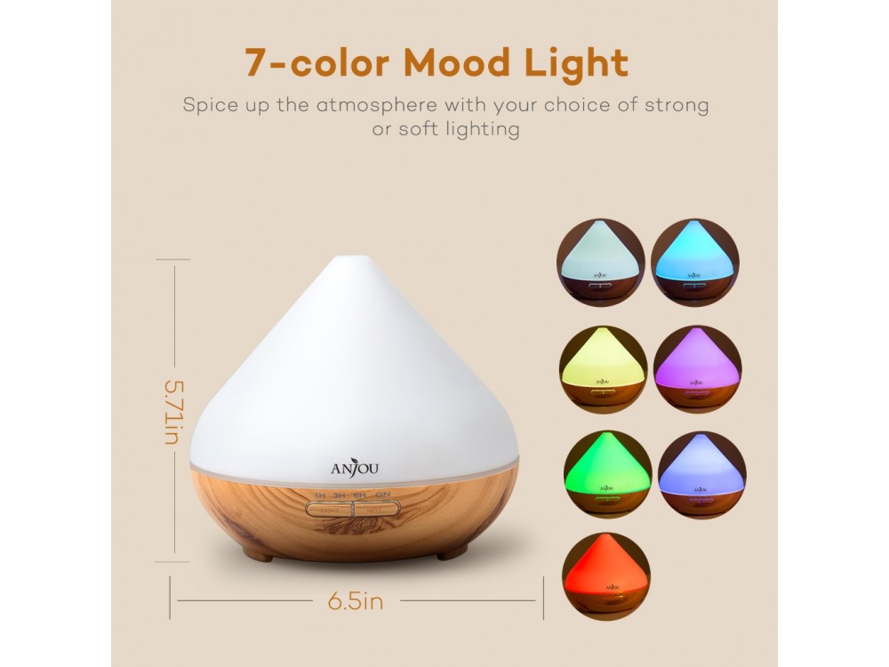 Anjou AJ-AD001 300ml, Oil Diffuser Συσκευή Αρωματοθεραπείας, Adjustable 7 Color, Timer & Auto Shut-Off, Light Grain