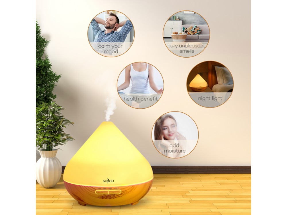 Anjou AJ-AD001 300ml, Oil Diffuser Συσκευή Αρωματοθεραπείας, Adjustable 7 Color, Timer & Auto Shut-Off, Light Grain