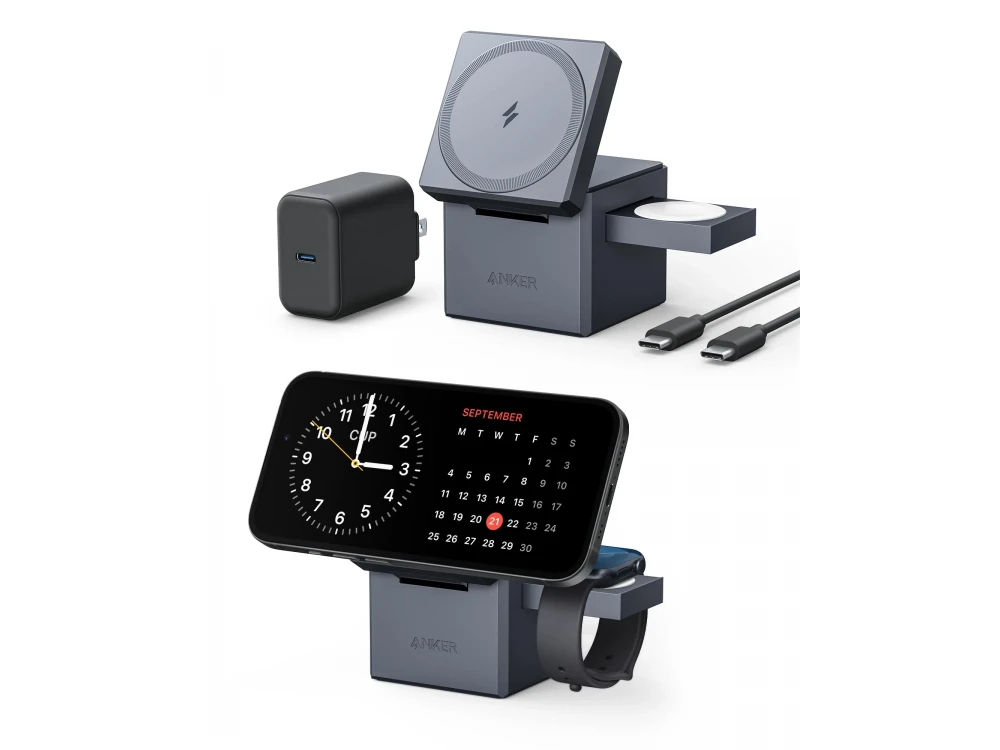Anker 3-in-1 Cube MagSafe, Ασύρματος Μαγνητικός Φορτιστής iPhone 14 / 15, AirPods & Apple Watch, Σετ με Φορτιστή Πρίζας, Black