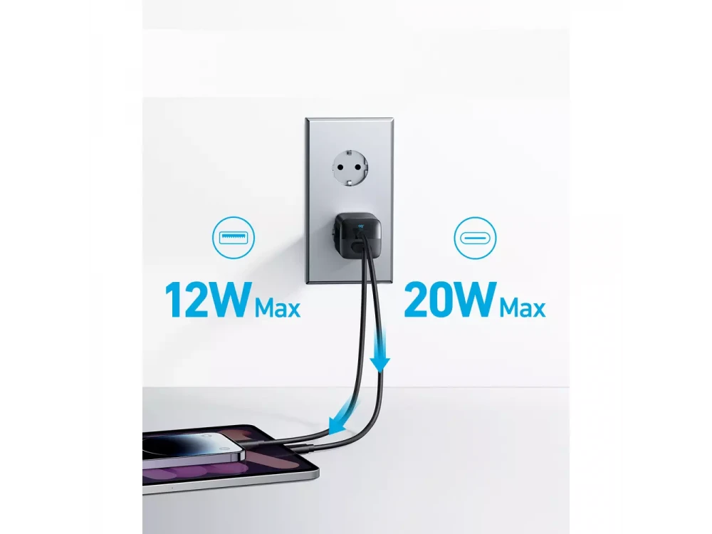 Anker 323 Ultra-Compact Φορτιστής πρίζας 2-θυρών 33W με Type-C με PD / PIQ3.0 & ActiveShield, Black