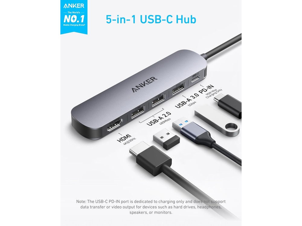 Anker 5-in-1 USB-C Data Hub HDMI / 4K + USB-A 3.0 5Gbps + USB-A 2.0*2 + 90W PD Charging