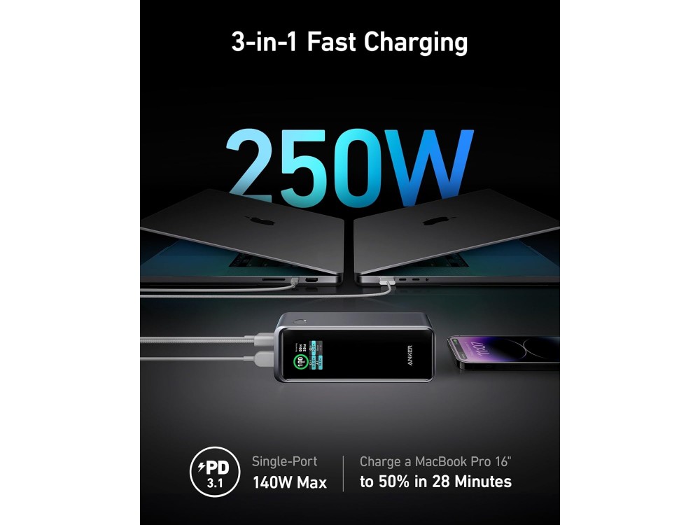 Anker PowerCore Prime 27650 GaN 250W PD USB-C Power Bank 27.650mAh with Display & Power Delivery,  Black