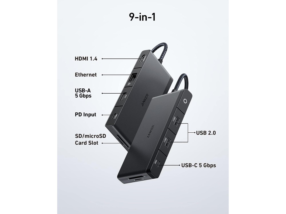 Anker 552 9-in-1 USB-C Hub 85W PD IN + USB-A 3.0 + 2* USB-A 2.0 + USB-C 3.0 + 4K HDMI @30Hz + LAN + SD, Black