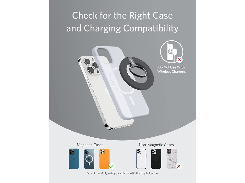 Anker 610 Magnetic Phone Grip MagGo, Μαγνητικό Ring Holder / Kickstand για iPhone 12 / 13 Series - A25A0G11, Interstellar Gray