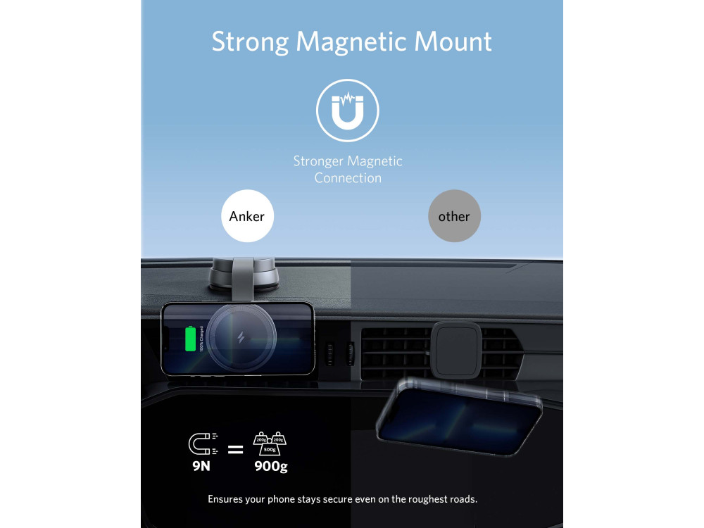 Anker 613 MagGo, Ασύρματος Μαγνητικός Φορτιστής iPhone 12 / 13 & Βάση Ταμπλό / Παρμπρίζ, Σετ με Φορτιστή Αυτοκινήτου & καλώδιο