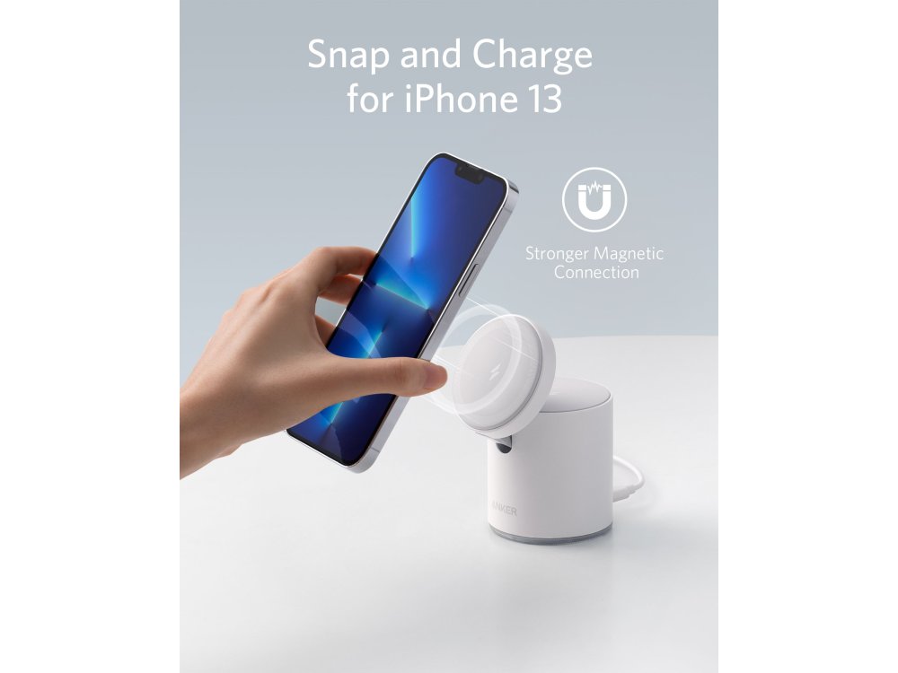 Anker 623 MagGo 2-in-1 Dock, Ασύρματος Μαγνητικός Φορτιστής iPhone 12 / 13 & AirPods, Σετ με Φορτιστή Πρίζας - B2568321, Λευκός