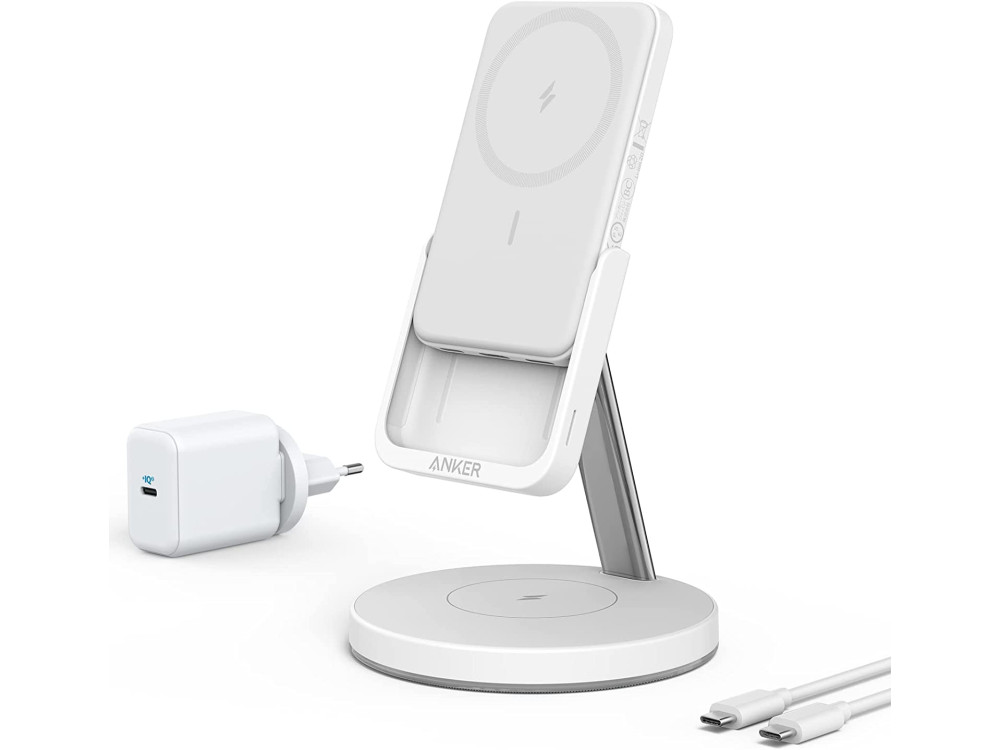 Anker 633 MagGo 2-in-1 Dock, Wireless Magnetic Power Bank with Stand for iPhone 12/13 & AirPods, Set with Plug Charger, White