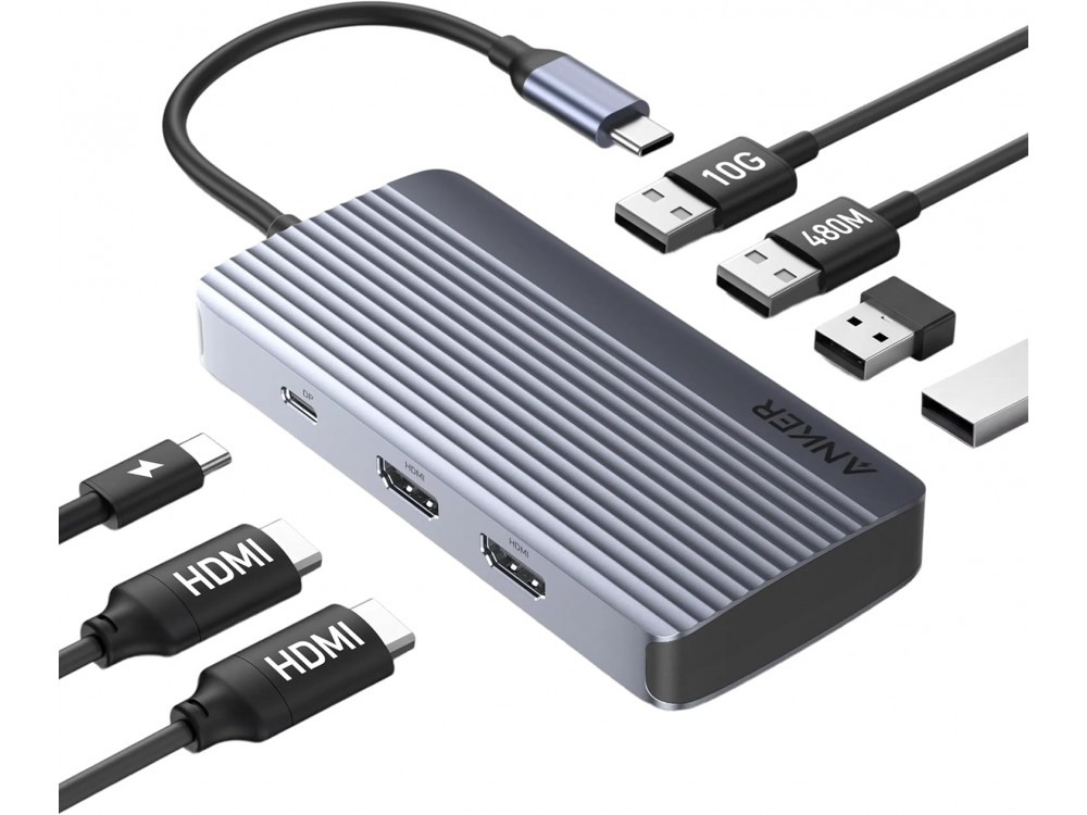 Anker 7-in-1 USB-C Data Hub Dual 4K HDMI + USB-A 3.2 10Gbps + 2*USB-A 2.0 + USB-C PD 85W, Black