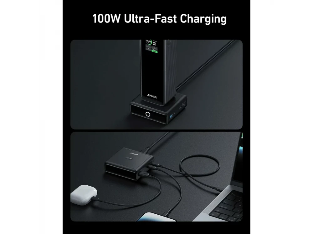 Anker Charging Base, 100W Charging Base for Anker Prime with 2xUSB-C, 1xUSB-A & Pogo Pin for Wireless Charging, Black