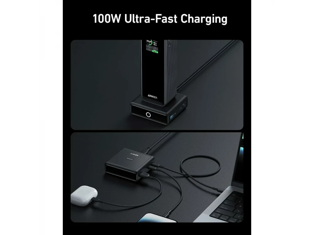 Anker Charging Base, Βαση Φόρτισης 100W για Anker Prime με 2xUSB-C, 1xUSB-A & Pogo Pin για Ασύρματη Φόρτιση, Μαύρη