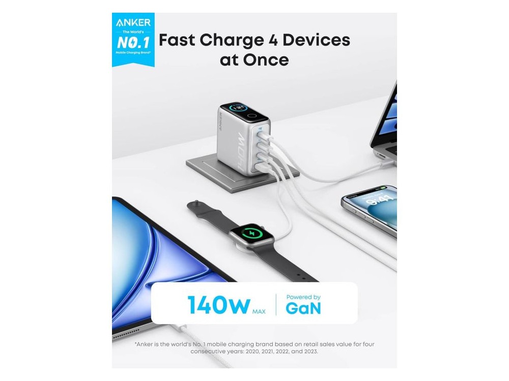 Anker Laptop Charger, 4-Port wall charger 140W Type-C with GaN PD 3.1, Set with USB-C Cable, Dark Gray