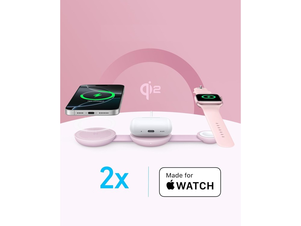 Anker MagGo 3-in-1 Qi2 MagSafe 15W, Wireless Magnetic Charger iPhone, AirPods & Apple Watch set with Charger, Pink