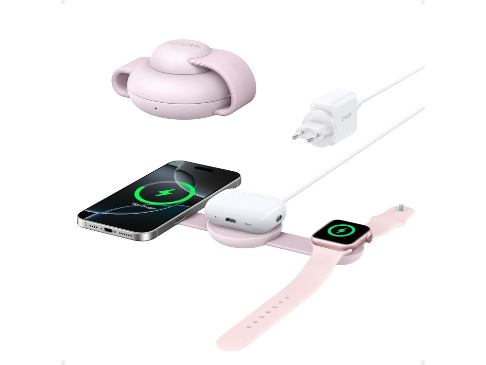 Anker MagGo 3-in-1 Qi2 MagSafe 15W, Wireless Magnetic Charger iPhone, AirPods & Apple Watch set with Charger, Pink