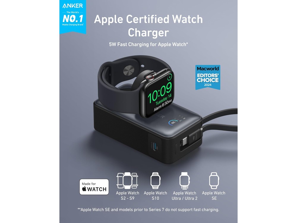 Anker MagOn Powerbank 10.000 mAh, 35W με Ενσωματωμένο Καλώδιο USB-C, Βάση Φόρτισης Apple Watch & Θύρα USB-C, Black