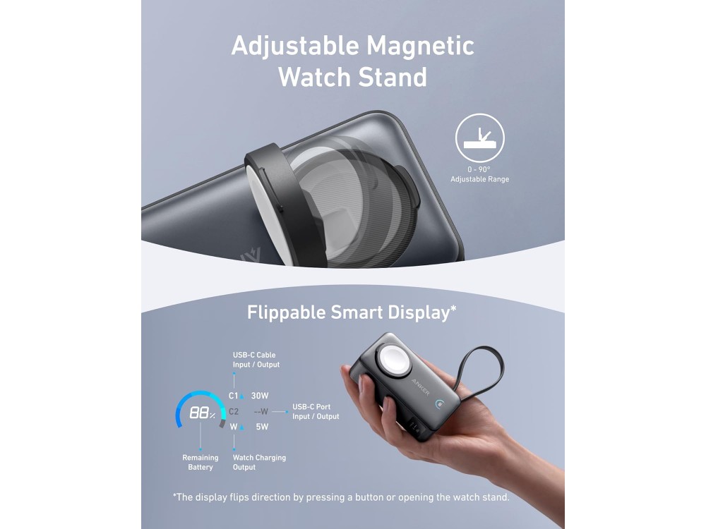 Anker MagOn Powerbank 10.000 mAh, 35W με Ενσωματωμένο Καλώδιο USB-C, Βάση Φόρτισης Apple Watch & Θύρα USB-C, Black