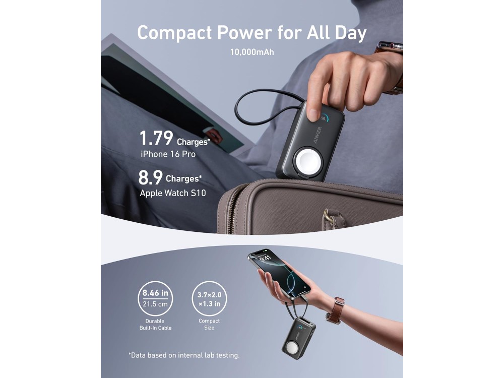 Anker MagOn Powerbank 10.000 mAh, 35W με Ενσωματωμένο Καλώδιο USB-C, Βάση Φόρτισης Apple Watch & Θύρα USB-C, Black