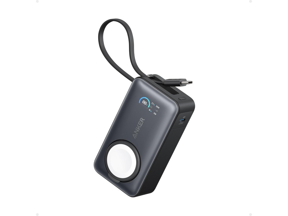 Anker MagOn Powerbank 10.000 mAh, 35W με Ενσωματωμένο Καλώδιο USB-C, Βάση Φόρτισης Apple Watch & Θύρα USB-C, Black